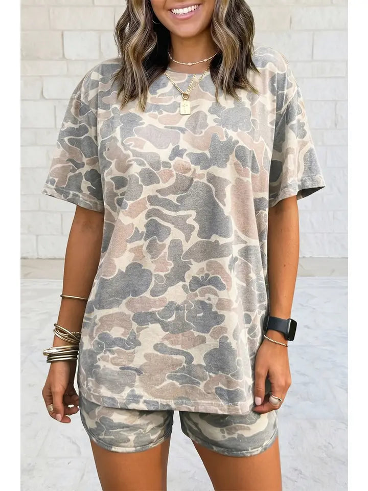 Camouflage Print Short Sleeve Top & Shorts Lounge Set