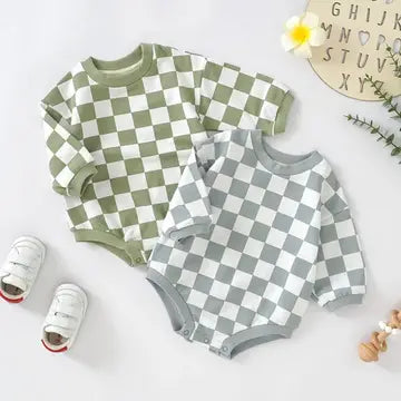 Checkerboard Sweater Bubble Romper Green