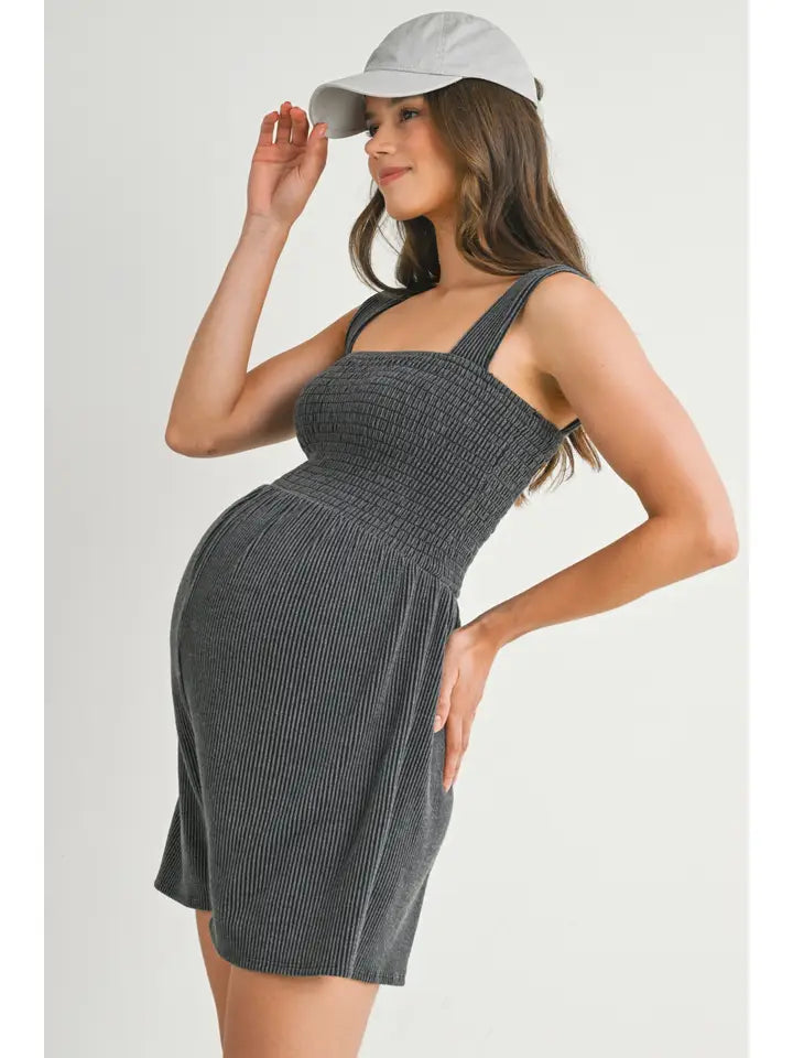 Ribbed Smocked Bodice Square Neck Maternity Romper