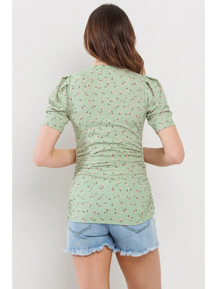 Maternity Floral Ribbed Puff Sleeve Side Ruched Top