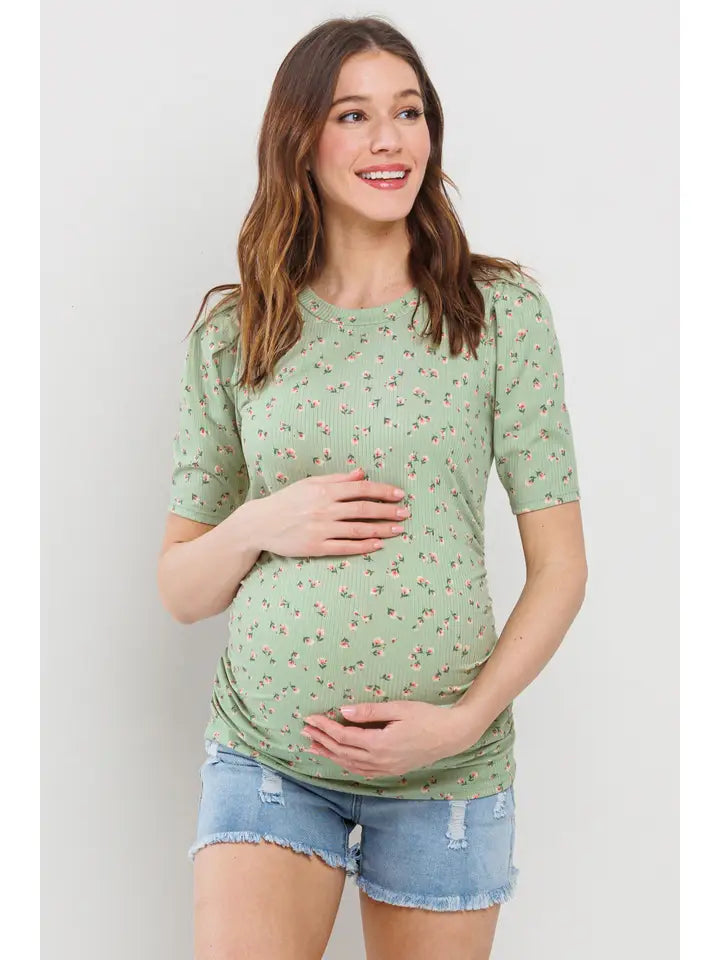 Maternity Floral Ribbed Puff Sleeve Side Ruched Top