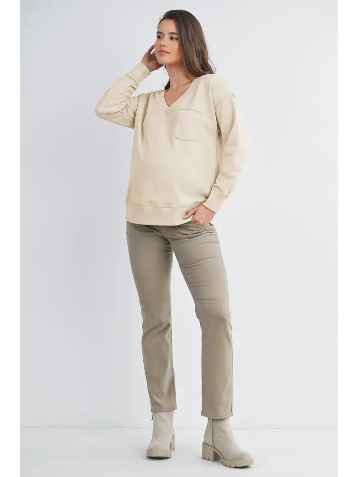 Terry V-Neck Long Sleeve Maternity Pullover Top