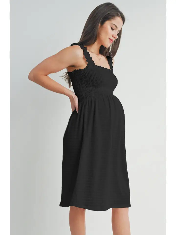 Smocked Sleeveless Ribbed Maternity Dress Black