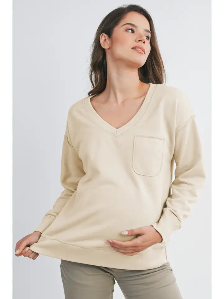 Terry V-Neck Long Sleeve Maternity Pullover Top