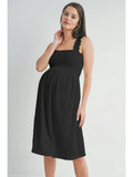 Smocked Sleeveless Ribbed Maternity Dress Black