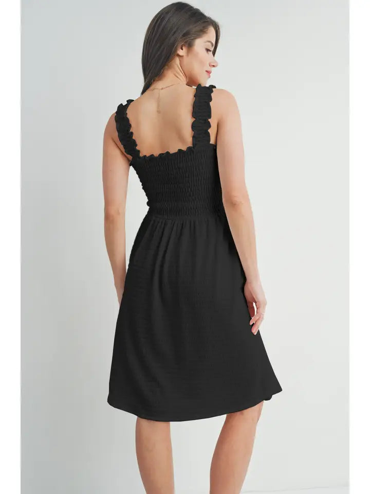 Smocked Sleeveless Ribbed Maternity Dress Black