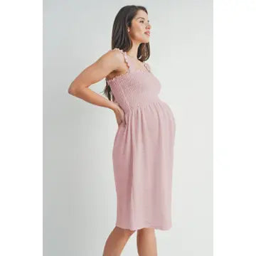 Smocked Sleeveless Ribbed Maternity Dress Mauve