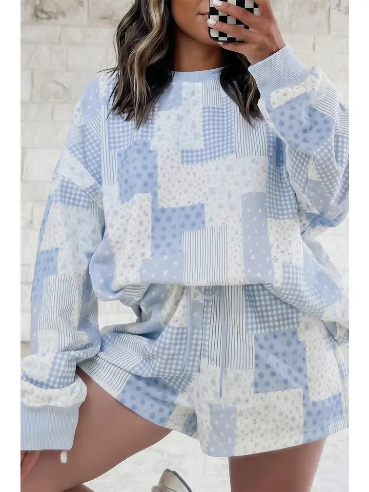 Patchwork Floral Drawstring Shorts 2-Piece Lounge Set