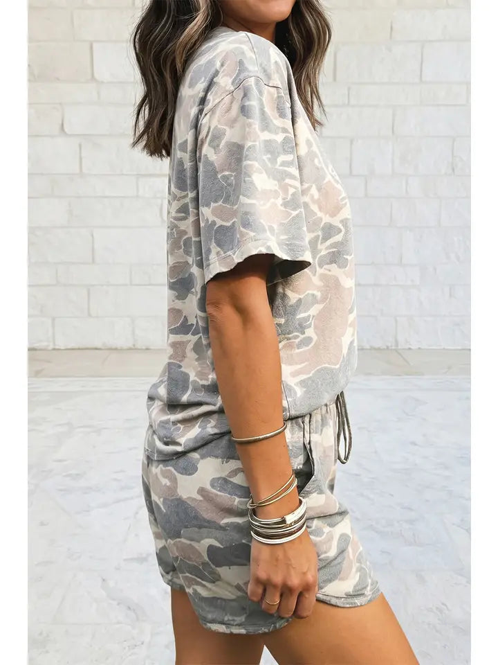 Camouflage Print Short Sleeve Top & Shorts Lounge Set