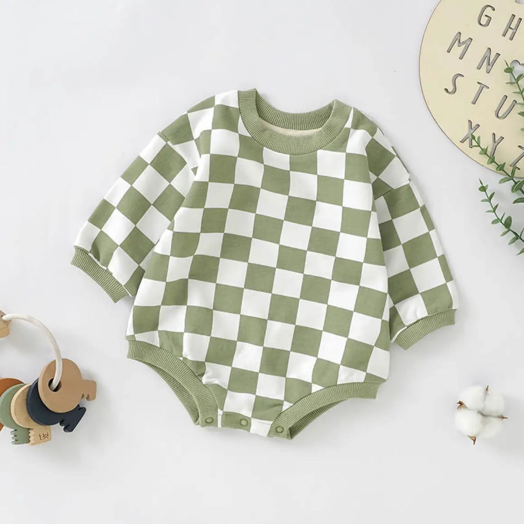 Checkerboard Sweater Bubble Romper Green