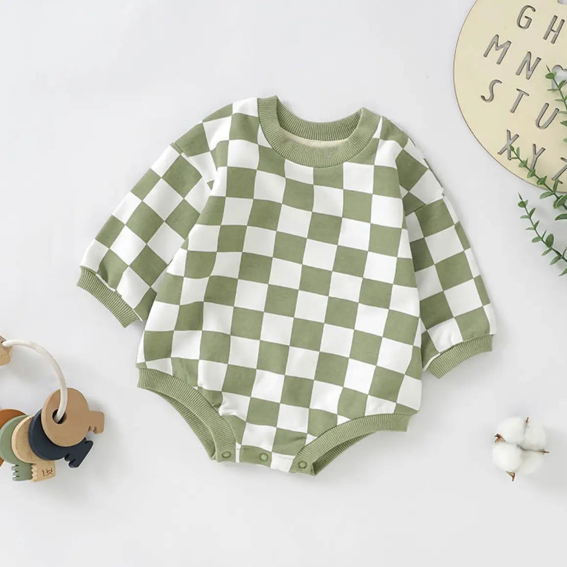 Checkerboard Sweater Bubble Romper Green