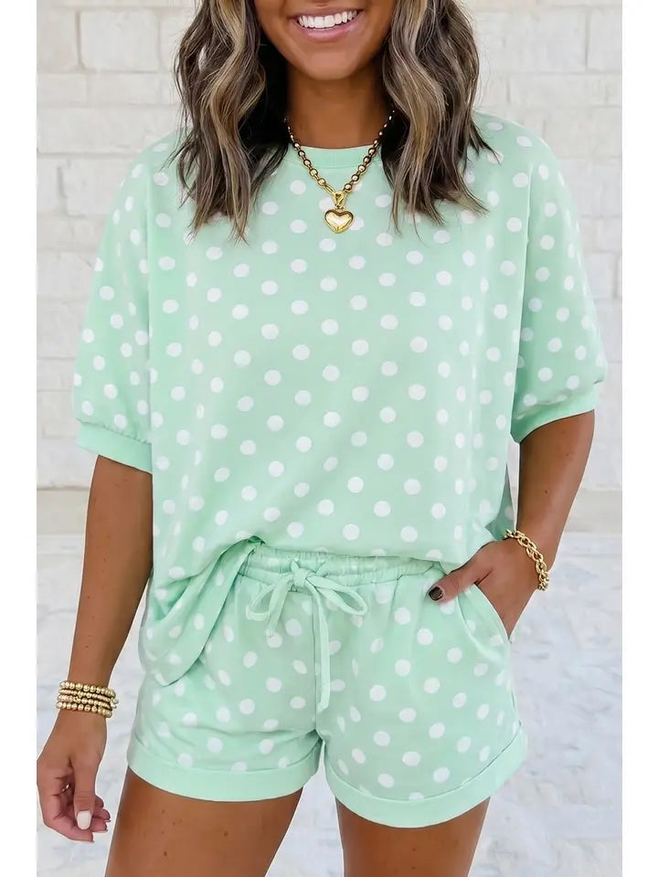 Casual Polka Dot Short Sleeve Top & Drawstring Shorts Lounge Set