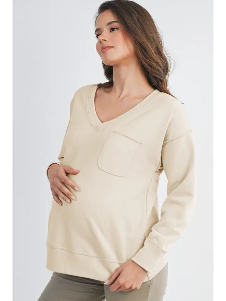 Terry V-Neck Long Sleeve Maternity Pullover Top