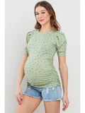Maternity Floral Ribbed Puff Sleeve Side Ruched Top