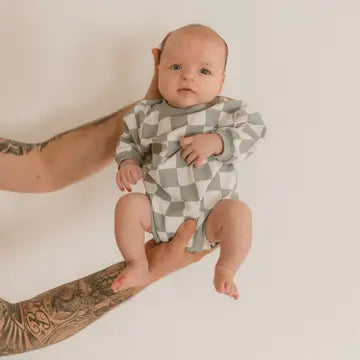 Checkerboard Sweater Bubble Romper Green