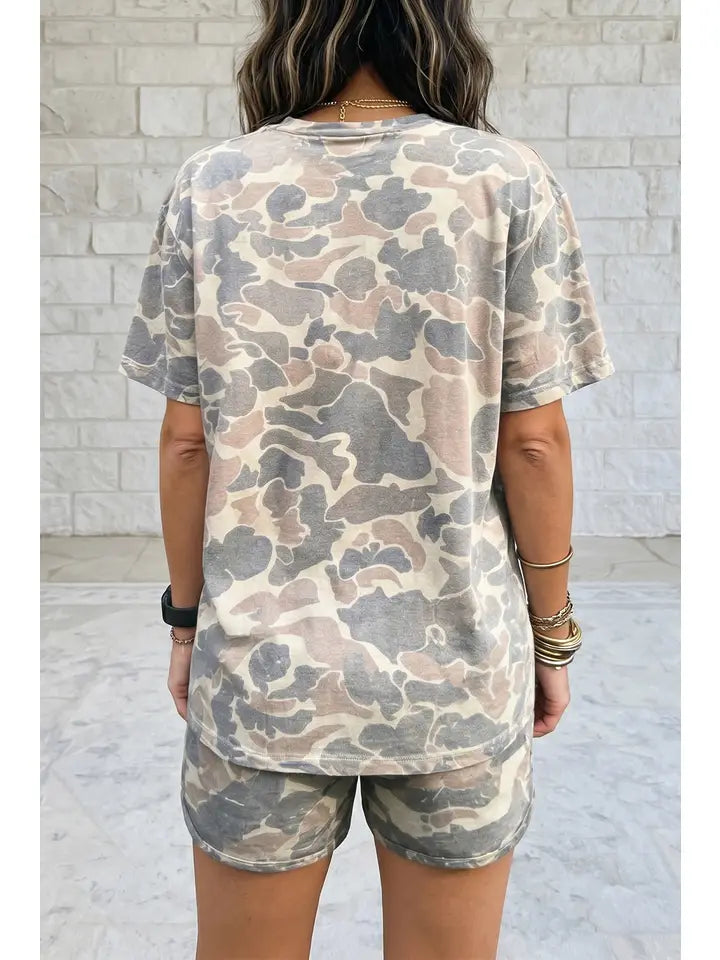 Camouflage Print Short Sleeve Top & Shorts Lounge Set