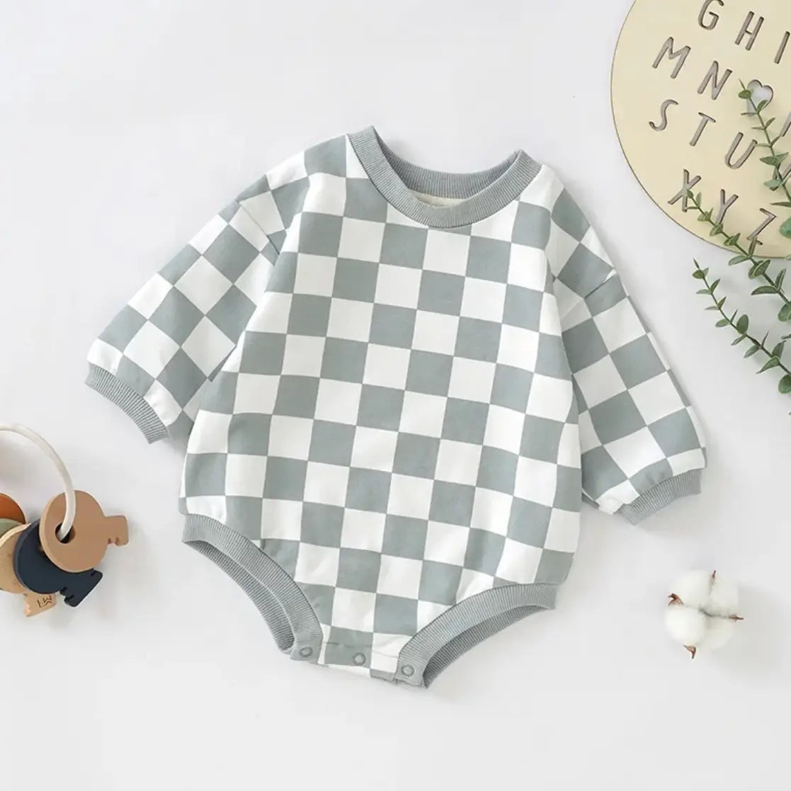 Checkerboard Sweater Bubble Romper Green