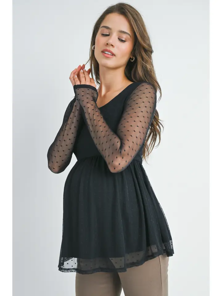 Black Polka Dot Mesh Sleeve Maternity Top