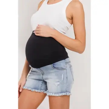 Frayed Denim Maternity Full Panel Shorts