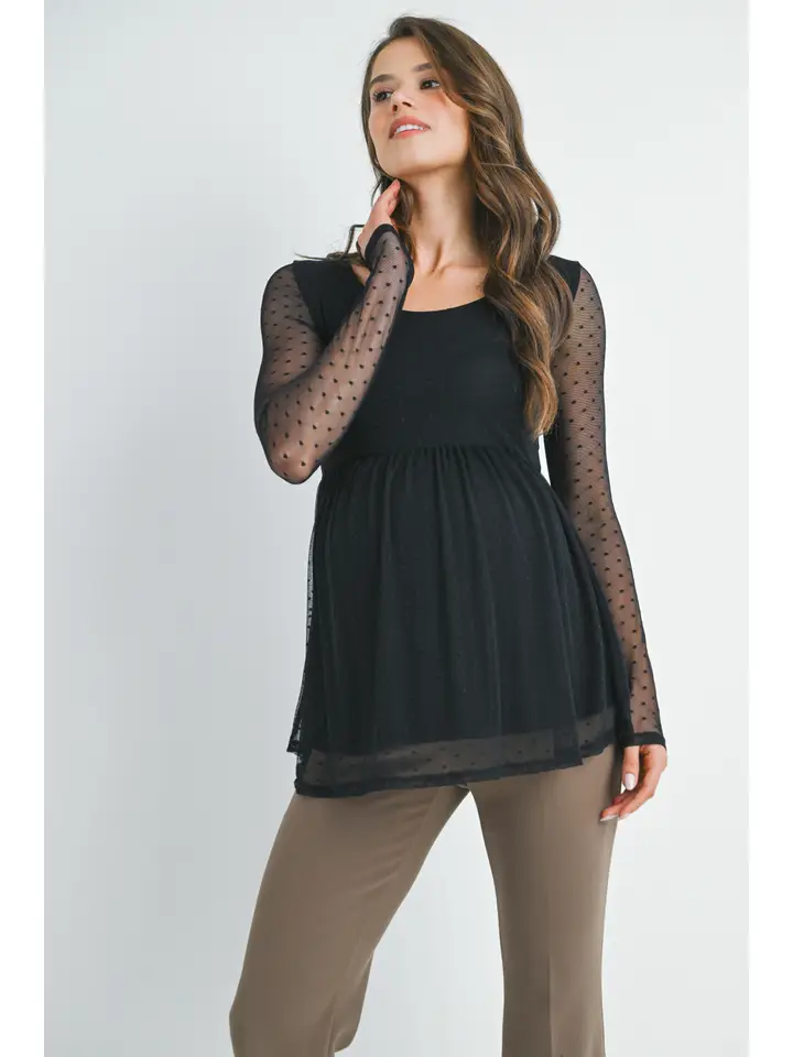 Black Polka Dot Mesh Sleeve Maternity Top