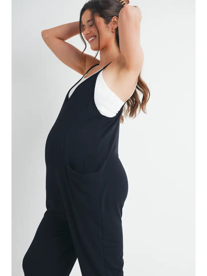 V-Neck Sleeveless Maternity Jogger Jumpsuit- Black