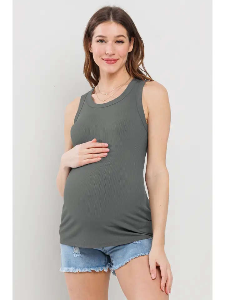 Ribbed Maternity Racerback Tank Top- Olive