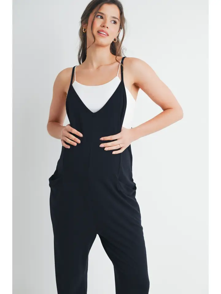 V-Neck Sleeveless Maternity Jogger Jumpsuit- Black