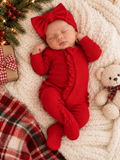 Red / Ribbed Frill 2-Way Zip Footie- Organic Cotten