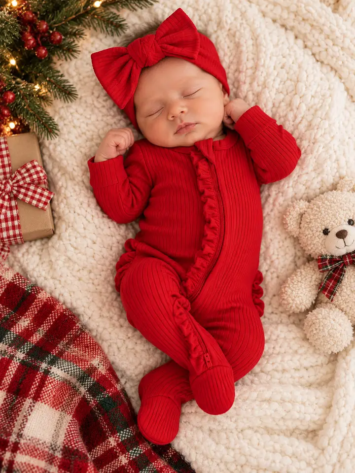 Red / Ribbed Frill 2-Way Zip Footie- Organic Cotten