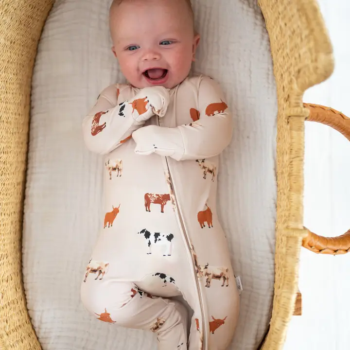 Bamboo Zip Convertible Romper – Oatmeal Cow Baby Pajamas