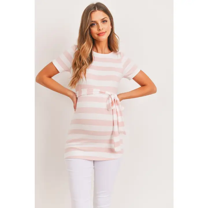 Striped Short Sleeve Maternity Belted Tunic Top
