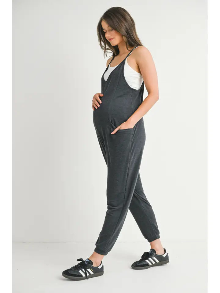 V-Neck Sleeveless Maternity Jogger Jumpsuit- Charcoal