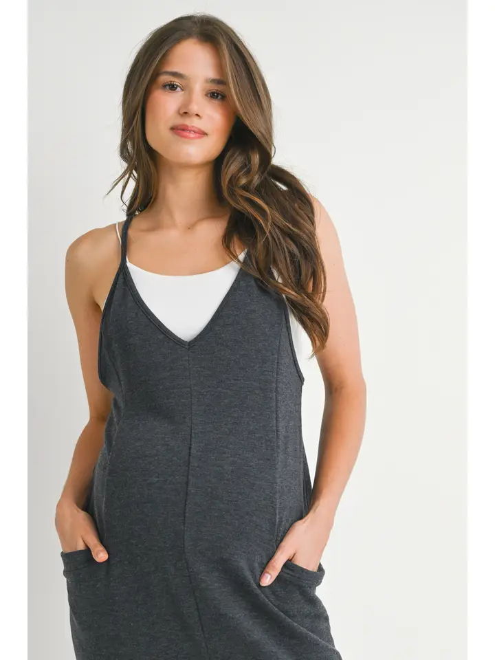 V-Neck Sleeveless Maternity Jogger Jumpsuit- Charcoal