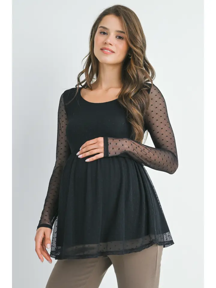 Black Polka Dot Mesh Sleeve Maternity Top