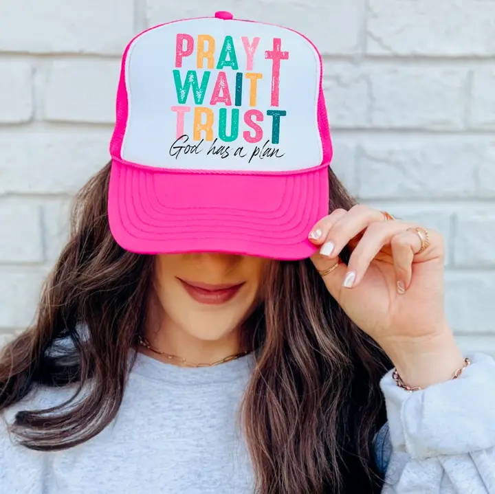 Distressed Pray Wait Trust Trucker Hat Faith