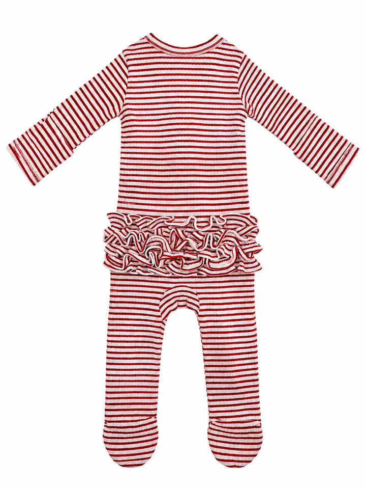 Red Stripe / Ribbed Frill 2-Way Zip Footie