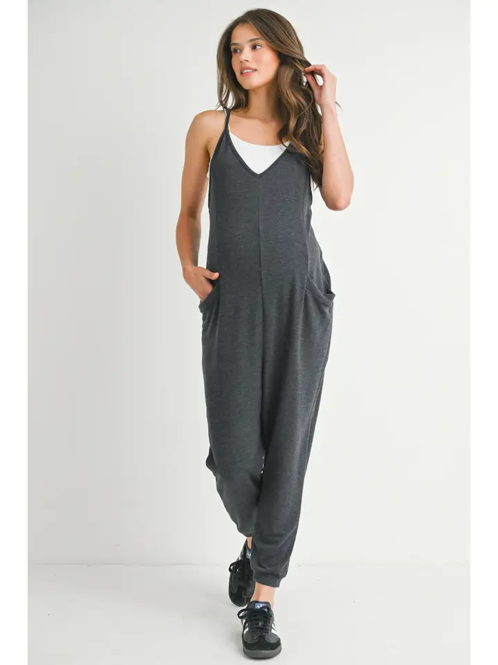 V-Neck Sleeveless Maternity Jogger Jumpsuit- Charcoal