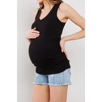 Ruched V-Neck Maternity Ribbed Tank Top - Black