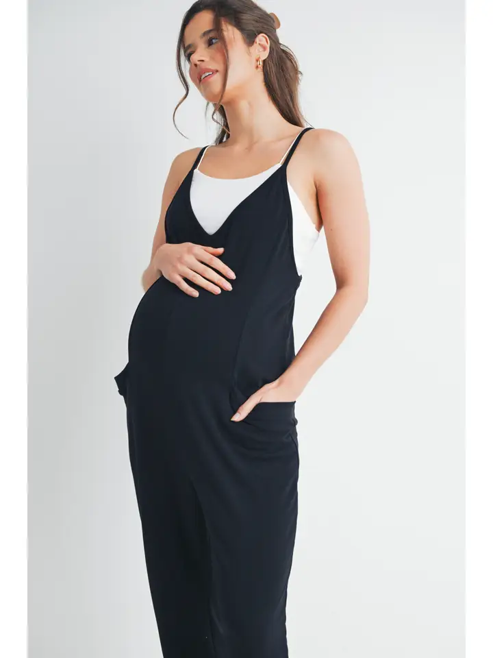 V-Neck Sleeveless Maternity Jogger Jumpsuit- Black