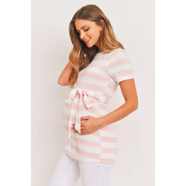 Striped Short Sleeve Maternity Belted Tunic Top