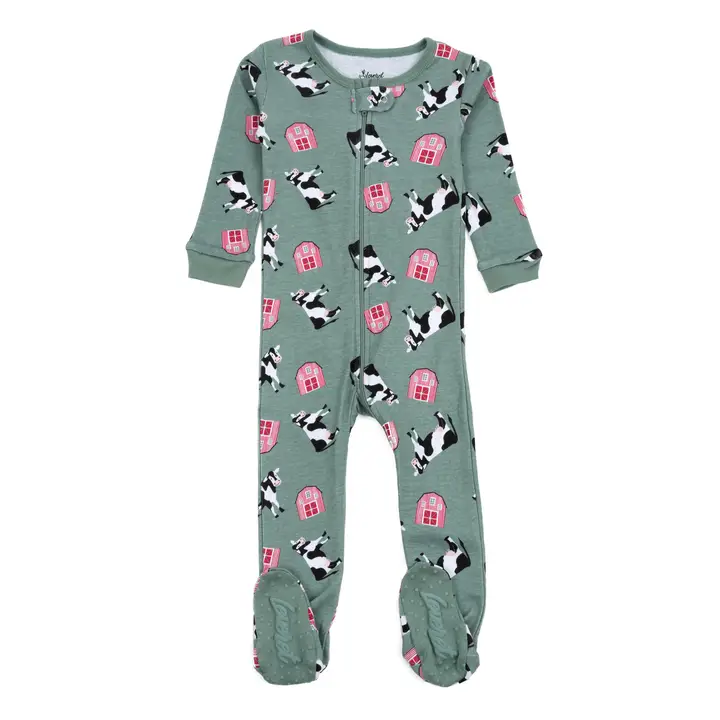 Baby Footed Cotton Pajama Cow Green