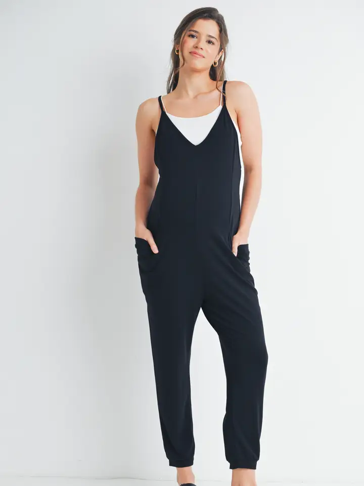V-Neck Sleeveless Maternity Jogger Jumpsuit- Black