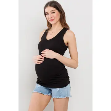 Ruched V-Neck Maternity Ribbed Tank Top - Black