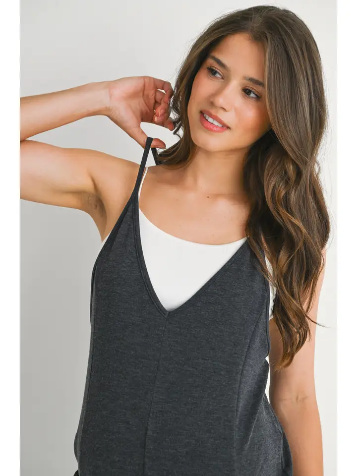 V-Neck Sleeveless Maternity Jogger Jumpsuit- Charcoal