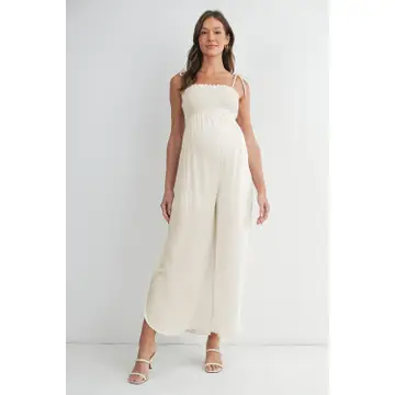 Smocked Maternity Wide Leg Jumpsuit with Adjustable Strap