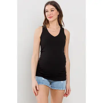 Ruched V-Neck Maternity Ribbed Tank Top - Black