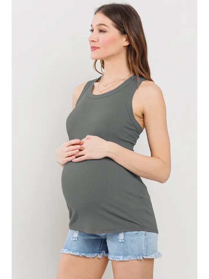 Ribbed Maternity Racerback Tank Top- Olive