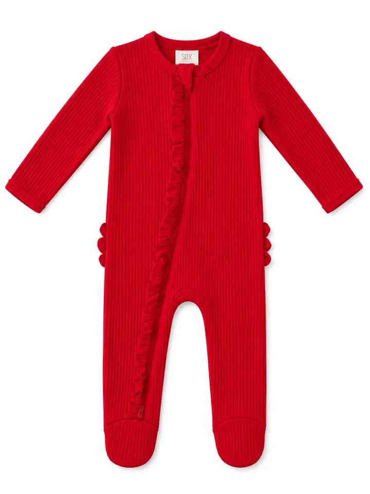 Red / Ribbed Frill 2-Way Zip Footie- Organic Cotten
