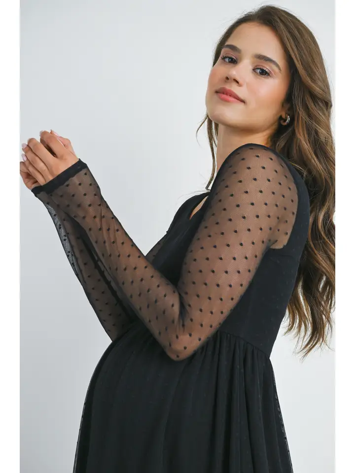 Black Polka Dot Mesh Sleeve Maternity Top