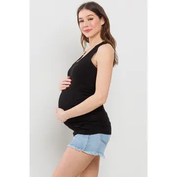 Ruched V-Neck Maternity Ribbed Tank Top - Black